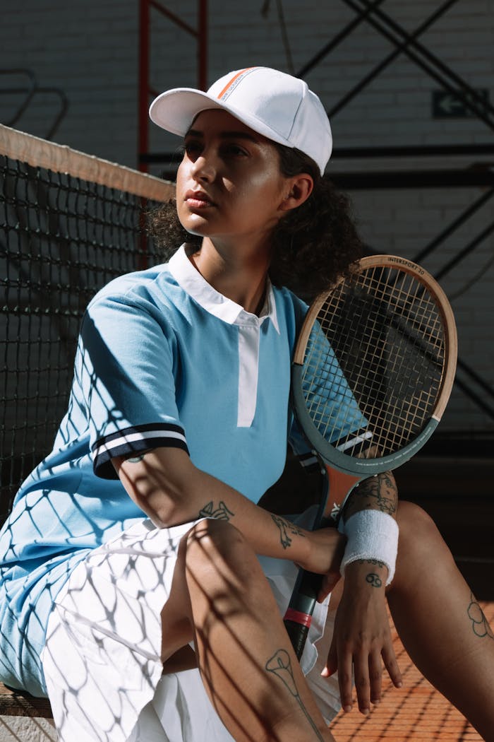 A confident tennis player sits by the net in stylish sportswear, holding a racket.
